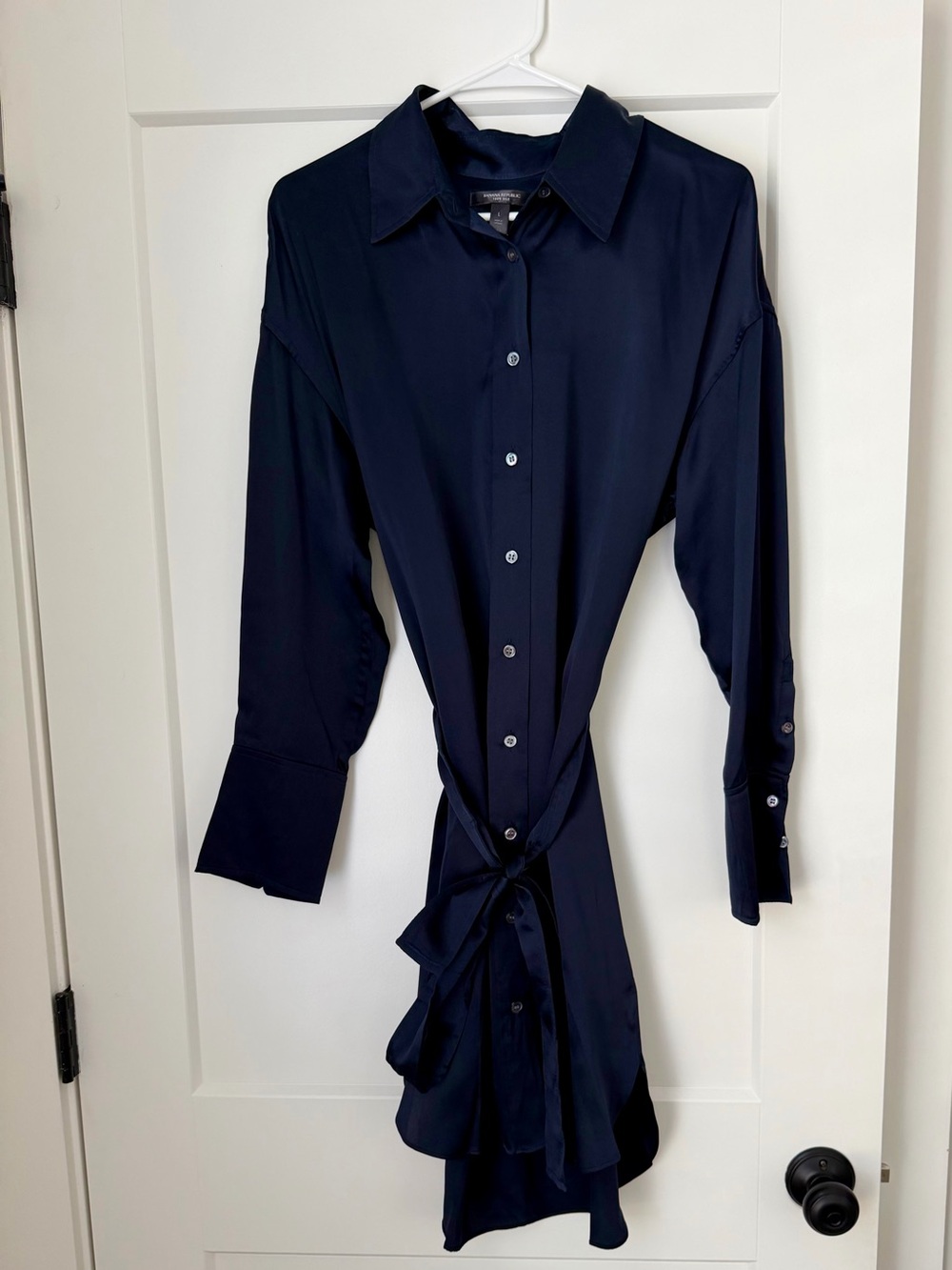 Banana Republic Navy Button-Down Tie-Waist Silk Shirt Dress